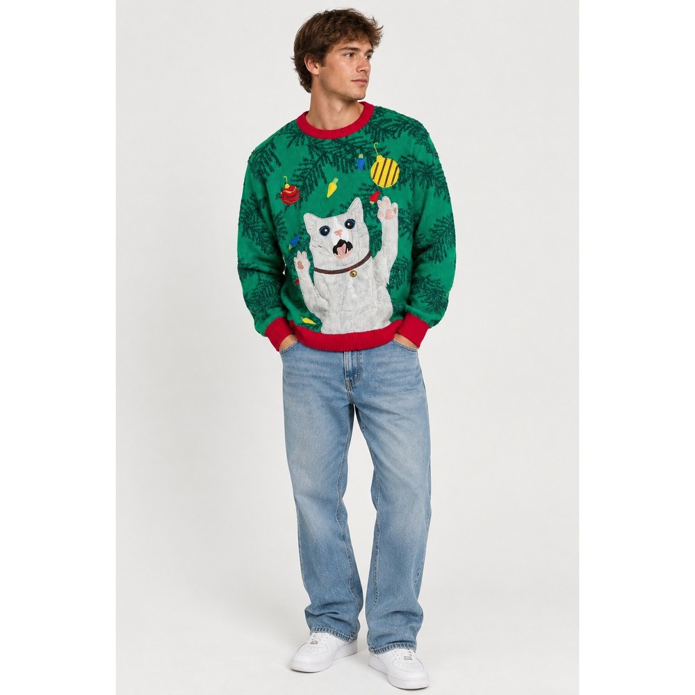 33 Degrees Mens Screaming Cat Ugly Christmas Sweater Green Holiday Knit Small